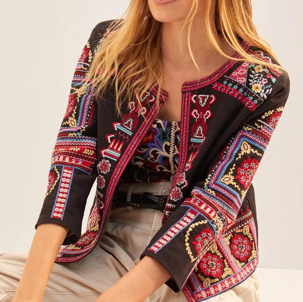 Anthropologie NWT $180 Abstract Colorful Embroidered Floral Cotton Boho Jacket S